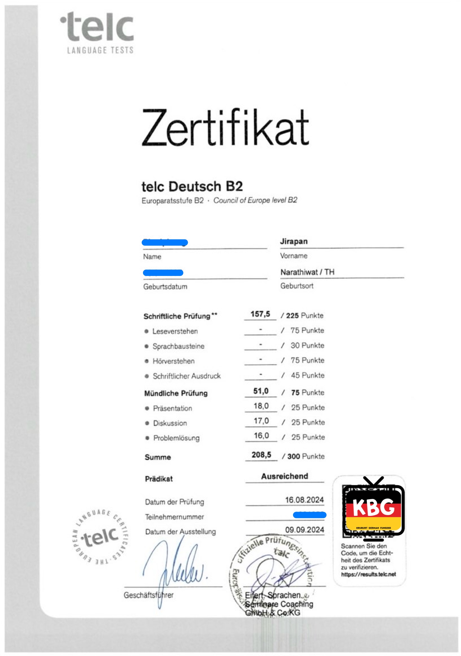 คุณพยาบาลบี  (B2 Intensivkurs + ติวสอบ Telc B2)